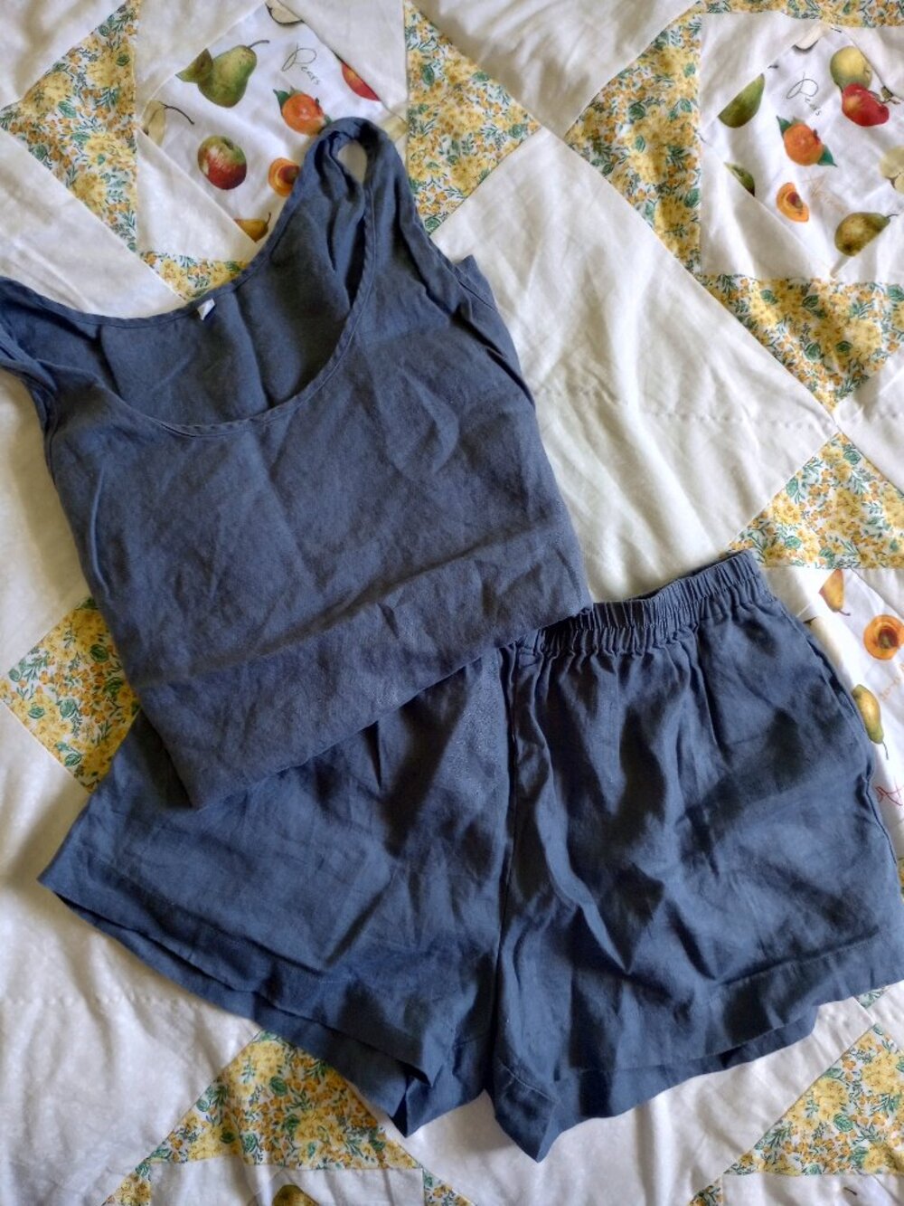 Piglet in Bed blue linen pajamas set small
